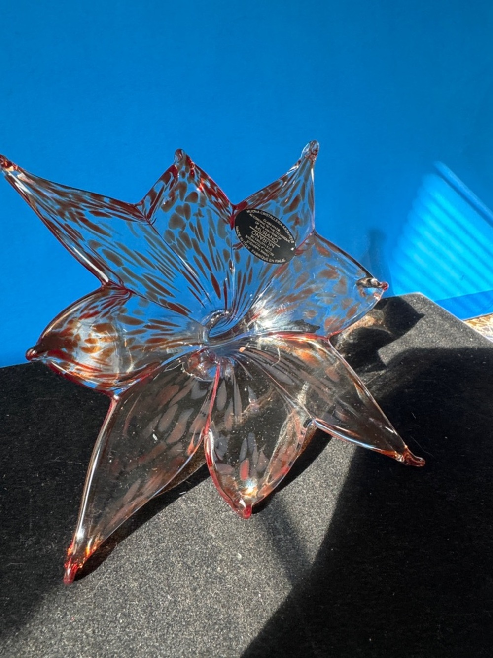 Murano Amber Speckled Glass Starflower Art NWOT